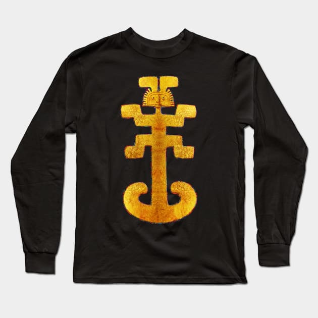 Digital Rendering of a Pre-Columbian Pendant in Gold Leaf on a Mola inspired Pattern Long Sleeve T-Shirt by Diego-t